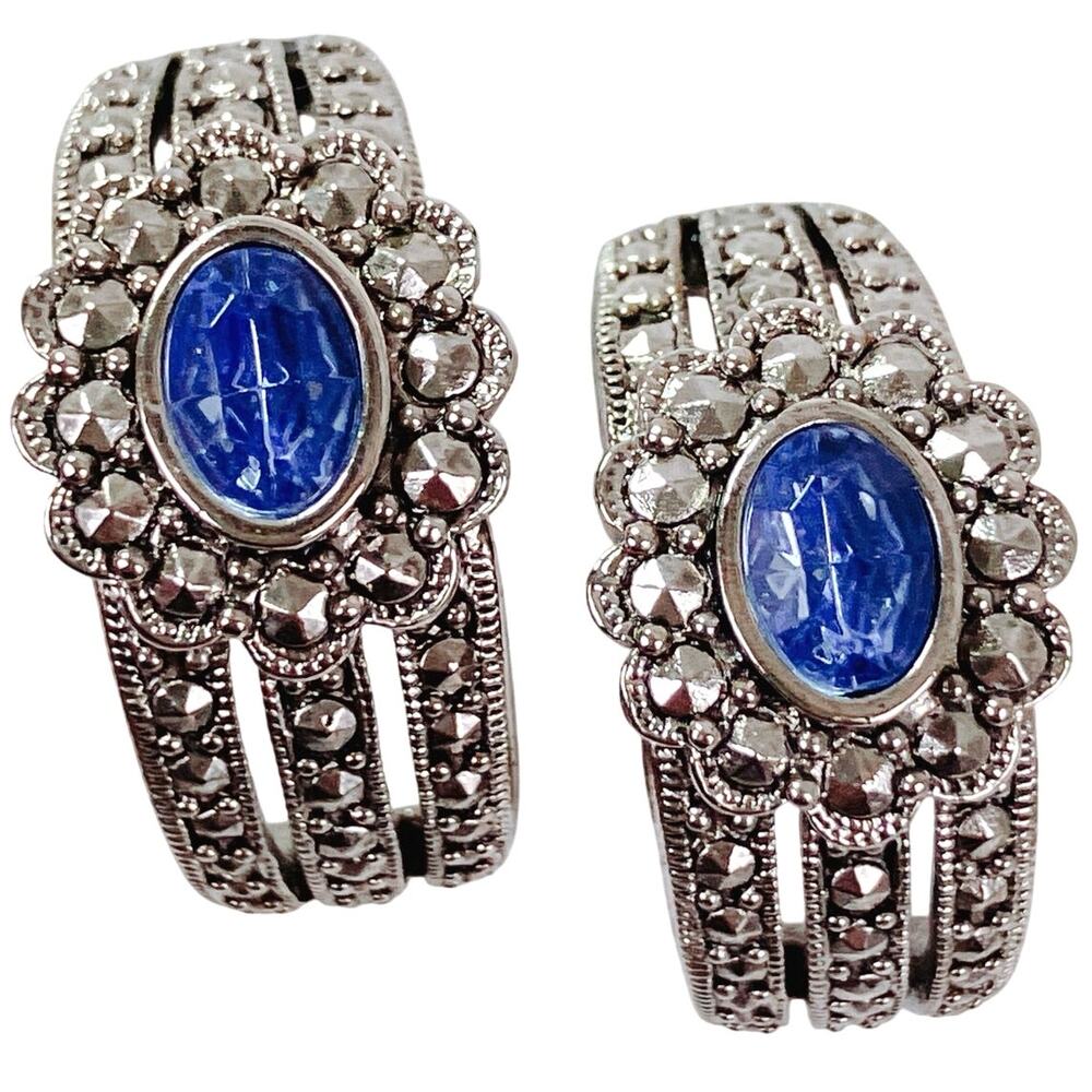 Signed Avon Art Deco Revival Marcasite Silver Tone Blue Earrings